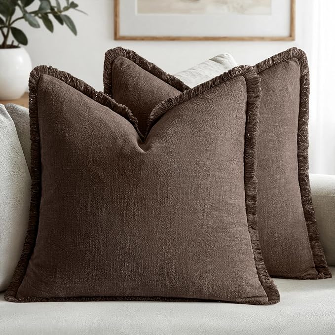 MIULEE Decorative Throw Pillow Covers Neutral Linen Fringe Throw Pillows Set of 2 Reddish Brown Boho Farmhouse Cushion Covers with Tassels for Couch Sofa Bed Living Room Fall Decor 20x20 Inch
