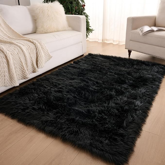 Faux Fur Rug Fluffy Sheepskin Area Rug,Ultra Soft Shaggy Plush Rug Bedroom Living Room Sofa Floor Kids Room Bedside（2 x 4 ft Rectangle Black）