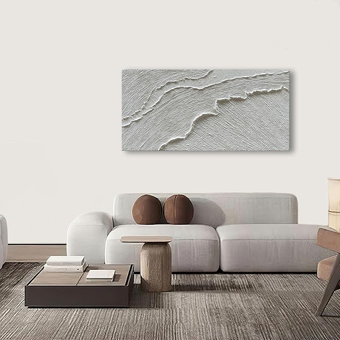 NANKAI Art A thickly Textured White Abstract Oil Painting Depicting a Beach Wave Landscape. Artwork Suitable for Decorating The Interior Wall as a Decorative Piece 24x48 inches