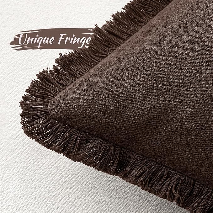 MIULEE Decorative Throw Pillow Covers Neutral Linen Fringe Throw Pillows Set of 2 Dark Brown Boho Farmhouse Cushion Covers with Tassels for Couch Sofa Bed Living Room Fall Decor 20x20 Inch
