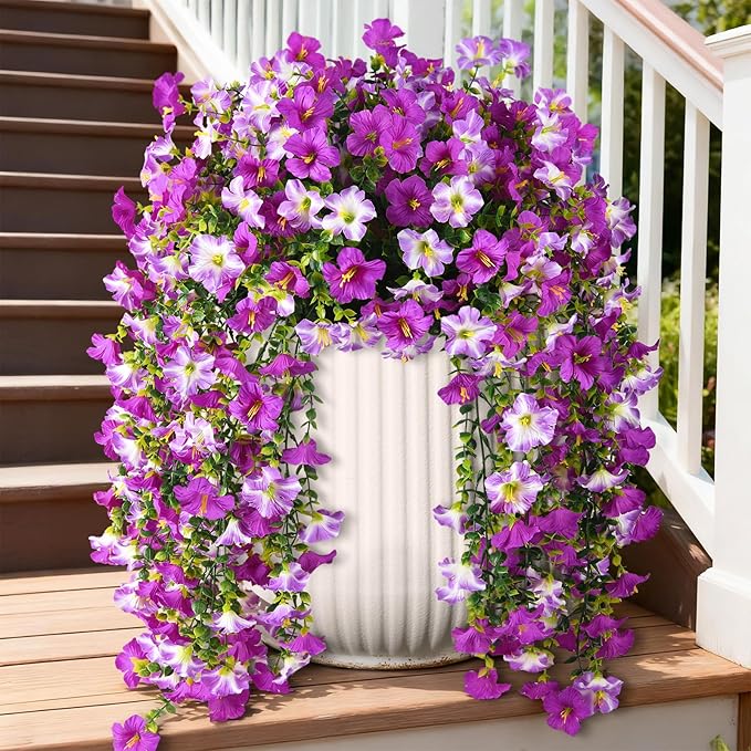 Artificial Fake Flowers Plants for Outdoor Spring Summer Decoration,2 PCS Faux Silk Morning Glory with Eucalyptus Leaves,UV Resistant Realistic Outdoor Flowers for Balcony Porch Patio Yard Garden