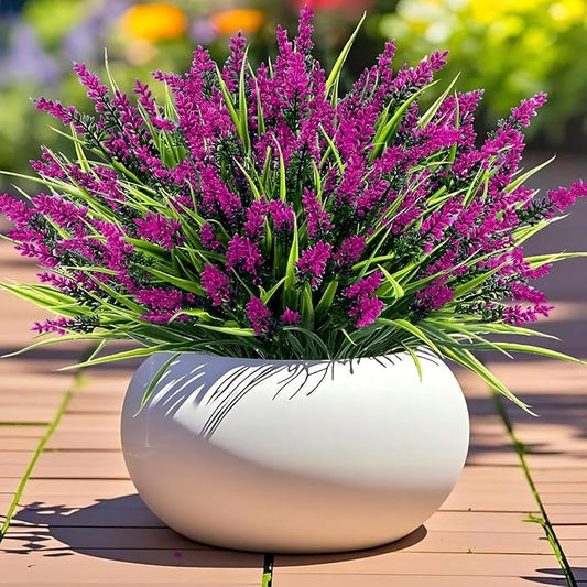 Geegoods Artificial Plants Flowers Outdoor – 24 Bundles UV Resistant Faux Lavender Flowers with Monkey Grass for Garden Porch Window Patio Hanging Planter Decor