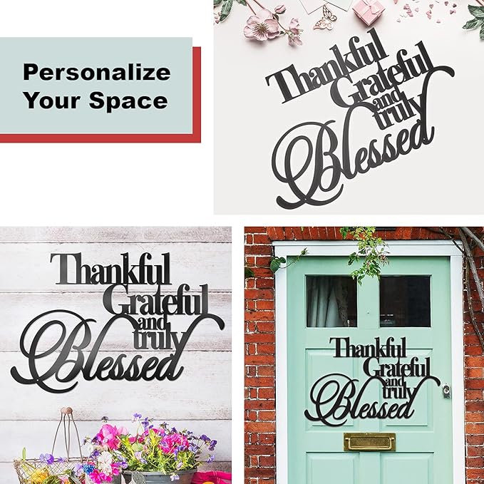 Vivegate Thankful Grateful Blessed Wall Decor – Home Thankful Iron Wall Decor Blessed Wall Signs for Home Decor Entry Way (Medium - 15"X10")
