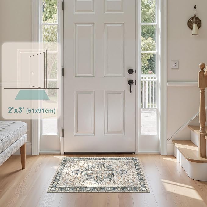 Tortania Area Rug 2x3 Doormat - Washable Vintage Oriental Farmhouse Soft Thin Indoor Carpet for Living Room Bedroom Hallway Entryway Kitchen - TealTaupe