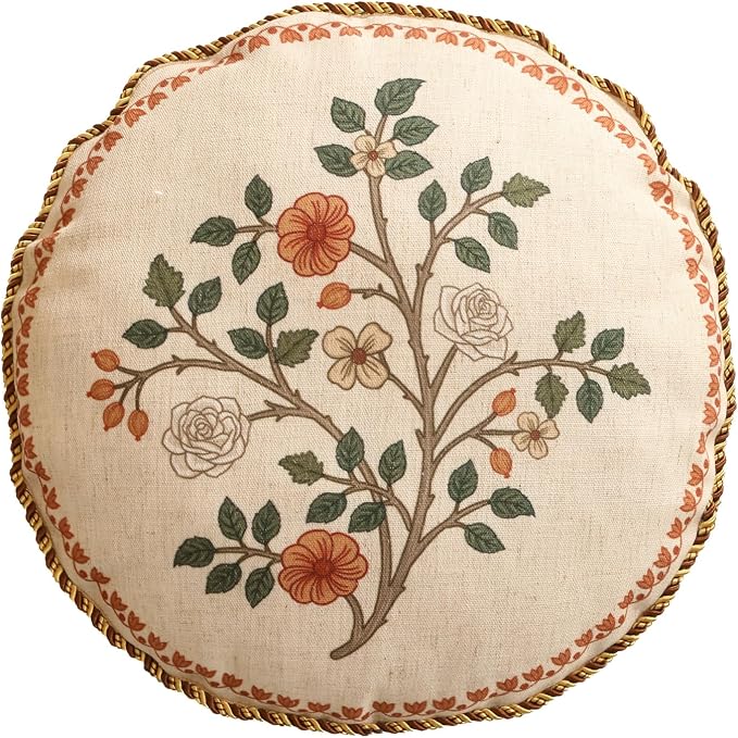 ISAENNE Designer Elegant Linen Throw Pillow Cover,Diameter 16"-Flora B | Vintage French Round Decor Pillow Cover,Concealed Zipper Design,Floral Pattern,Sofas,Bedroom,Living Room,Lounge Chairs
