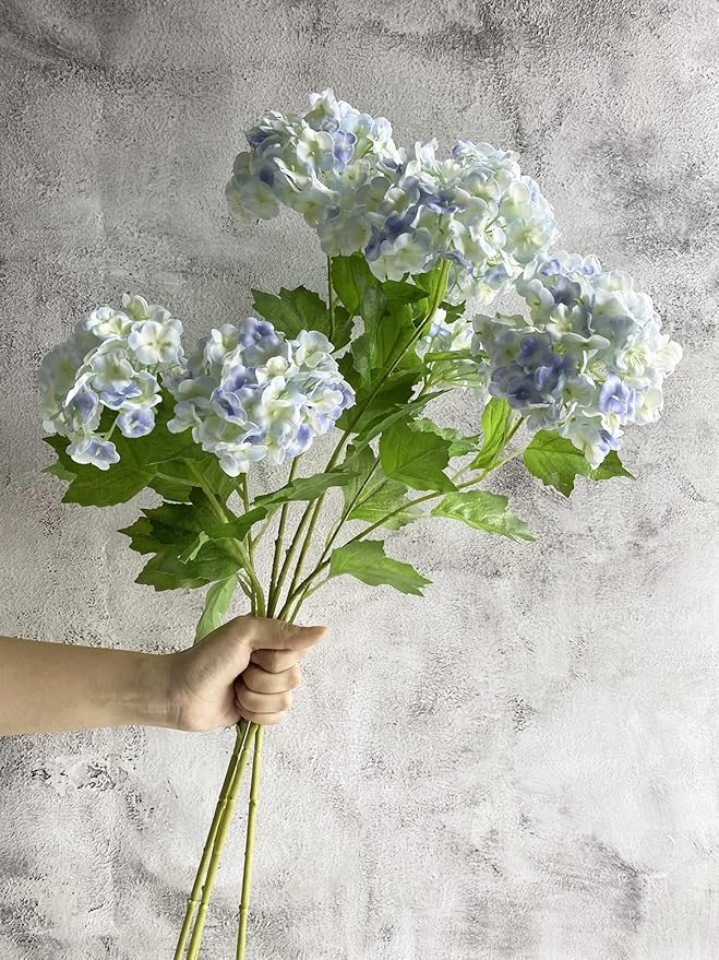 YalzoneMet Artificial Snowball Viburnum 4 Pcs 26.8 in Graduated Blue Small Hydrangea 2 Head Natural Lifelike Real Touch Faux Latex Long Stem Vibernum Flower for Home Decoration Outdoor Wedding Deco