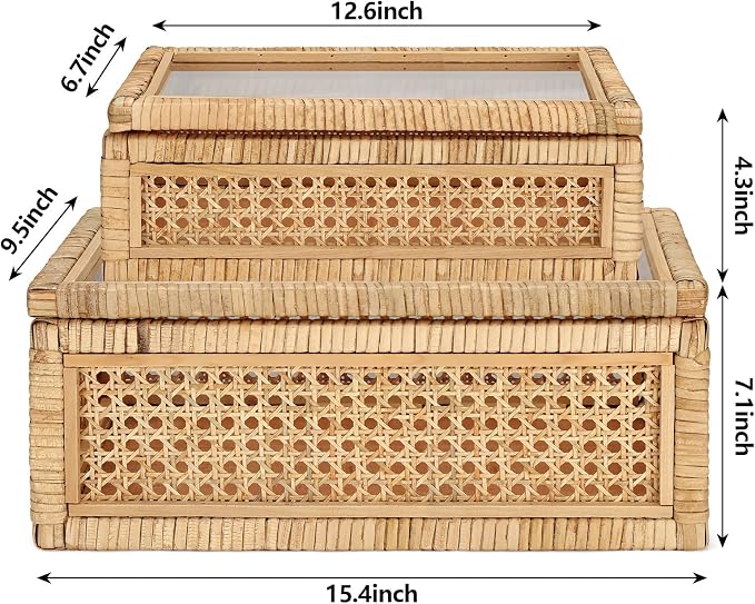 Amyhill Set of 2 Rattan Decorative Box with Glass Lid Rectangular Natural Woven Cane Stacking Display Boxes for Home Decor Rustic Shelf Organizer(15.4 x 9.5 x 7.1 Inch, 12.6 x 6.7 x 4.3 Inch)