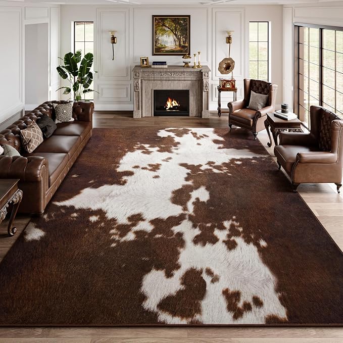 DweIke Cow Print Rugs for Living Room, 4x6 Soft Faux Animal Cowhide Area Rug, Washable Non-Slip Stain Resistant Throw Carpet for Dining Room Office Western Home Decor, Red Brown