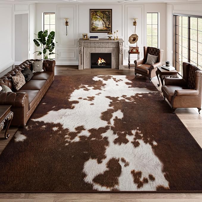 DweIke Cow Print Rugs for Living Room, 8x10 Large Soft Faux Animal Cowhide Area Rug, Washable Non-Slip Stain Resistant Throw Carpet for Dining Room Office Western Home Decor, Red Brown