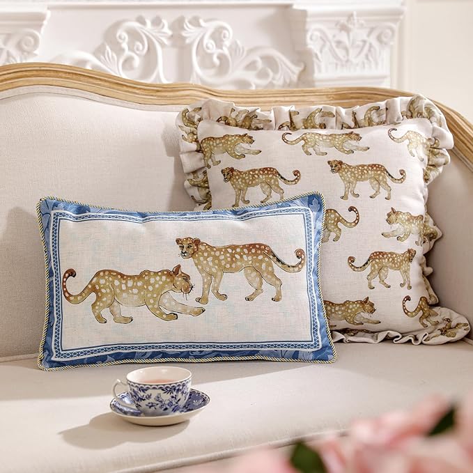 patdrea Designer Vintage Linen Throw Pillow Cover,12"x20",Set of 2-Fromm E | Elegant Decorative Pillow Case with Zipper,Leopard Pattern,Pillow Cover for Couch Living Room Bedroom Sofa
