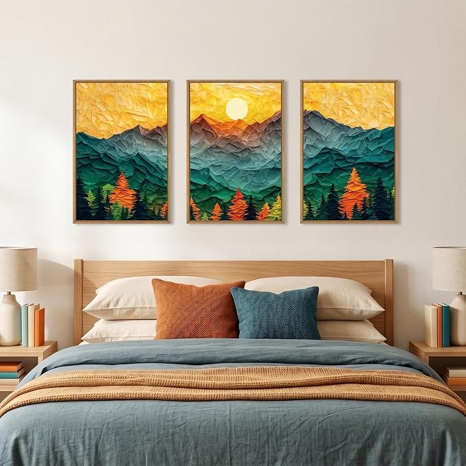 Abstract Boho Mountain Framed Canvas Wall Art Set,Golden Teal Pine Tree Sunset Wall Decor,Papercraft Sun Forest Landscape Art Print for Living Room,Bedroom,Dining Room,Office-16 x24 x3