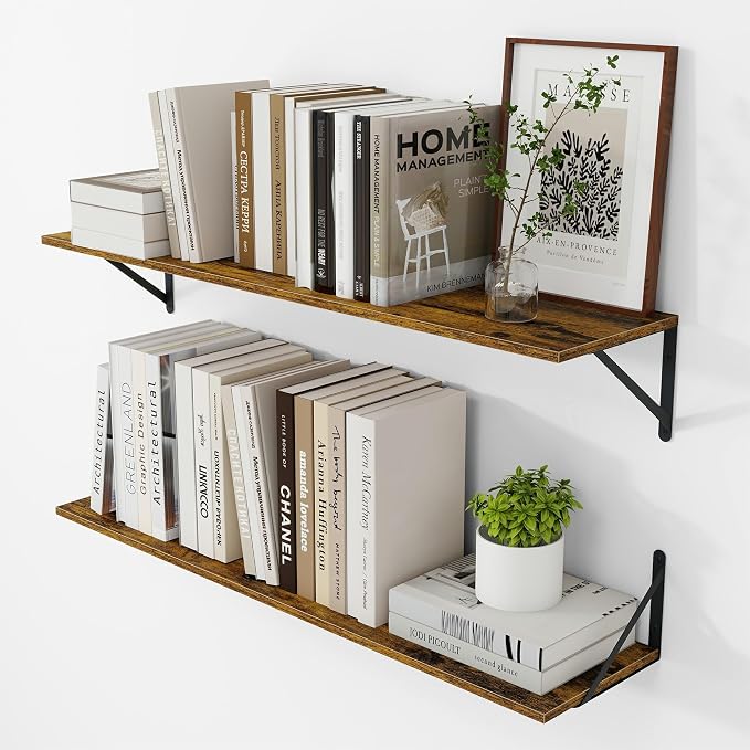 Vivelove Deep Floating Shelves for Wall, 36W x 8D Wood Wall Shelves Set of 2, Wide Floating Bookshelf for Living Room, Kitchen, Office, Bedroom and Decor Storage, with Metal Bracket - Rustic Brown