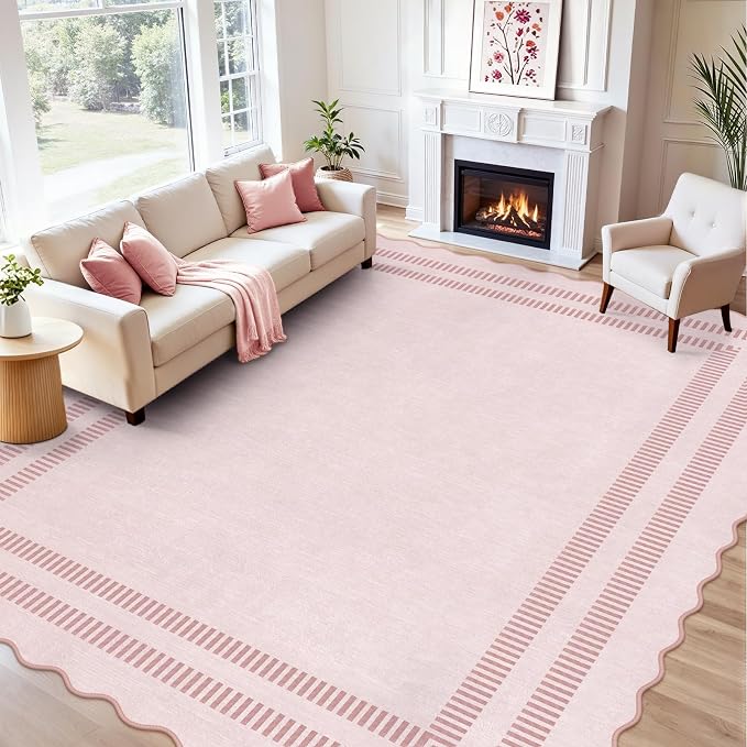 Pink Rugs for Living Room 9x12, Machine Washable Scalloped Area Rugs for Bedroom Girls, Non Slip Ultra-Thin Low-Pile Carpet for Playroom Nursery Kids Room