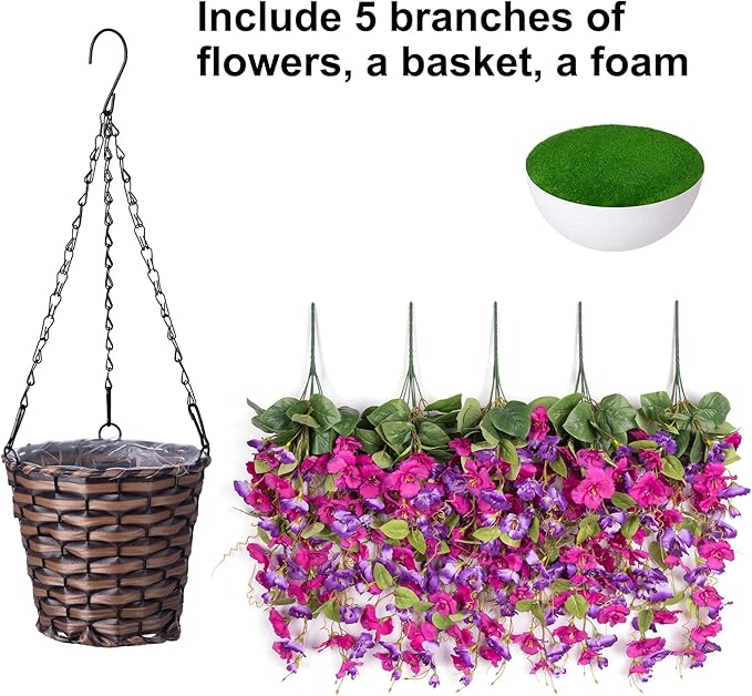 Artificial Fake Hanging Hibiscus Flowers Plants Baskets for Outdoor Outside Spring Summer Decoration, Faux Silk Hibiscus Long Vines in Planter UV Resistant Realistic Flowers (PurpleDarkPurple)
