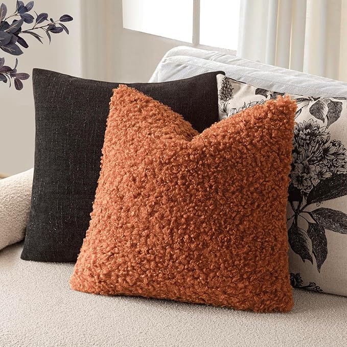 Foindtower 2 Pieces 18x18 Inch Burnt Orange, Faux Fur Throw Pillow Cover Accent Sherpa Furry Pillow Cover Fuzzy Soft Pillowcases Cozy Sheepskin Decorative Fleece Cushion Case for Bed Couch Living Room