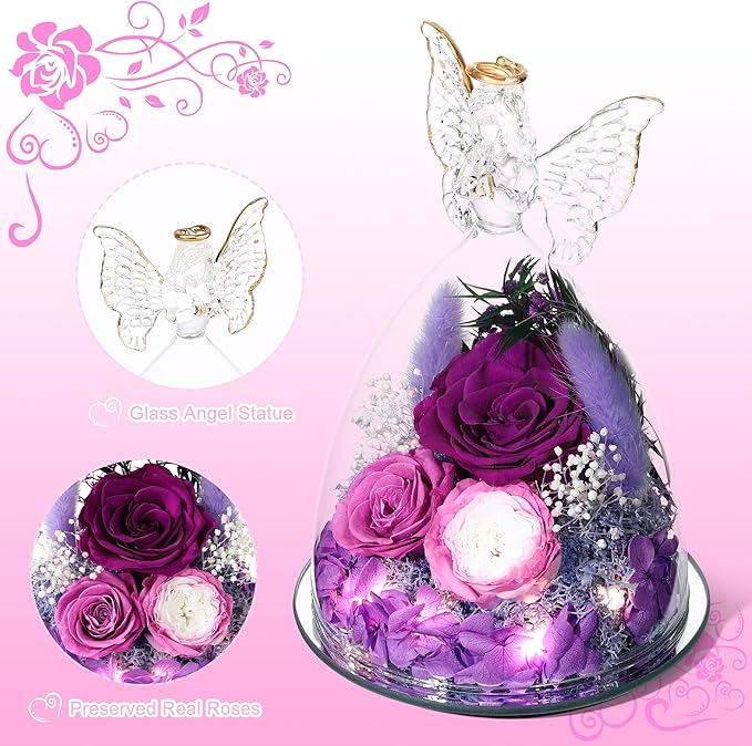 Mothers Day Rose Gifts for Women Preserved Real Flower in Glass Angel Figurines Roses for Delivery Prime Birthday Gifts for Mom Grandma Girlfriend Wife Her, Purple Austin Roses