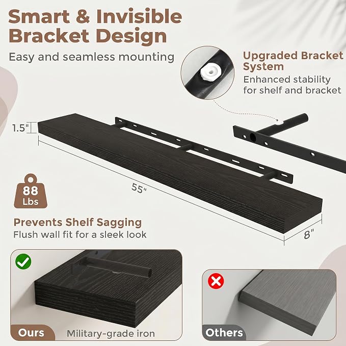 55 Inch Floating Shelves for Wall, 8"D Wood Storage Shelves, Black Finish | Engineered Wood, Invisible Bracket, Large Storage, Easy Install, Hold Up to 88lbs, Living Room, Bathroom, Bedroom, Kitchen