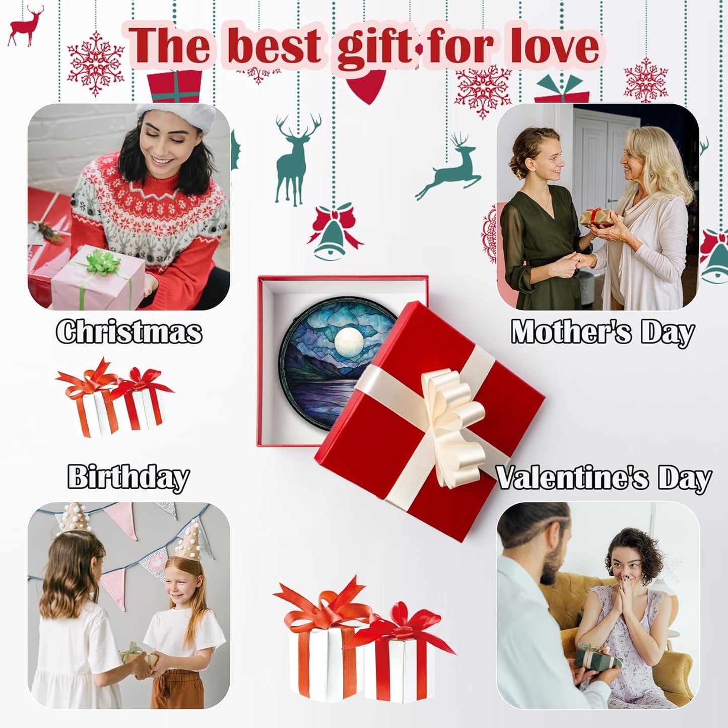 Stained Glass Window Hanging, Blue Night Moon Lake Sun Catchers Colorful Glass Panel Landscape Suncatcher Decor for Birthday for Women, Men, Wife, Aunt, and Mom 7.8 in