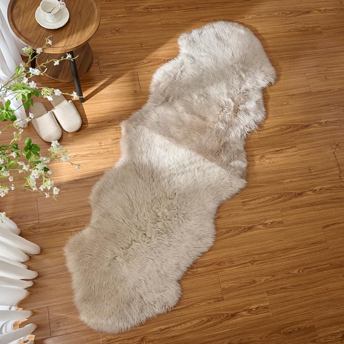 Premium Genuine Sheepskin Area Ruge - Real Wool Fur Shaggy Carpet | Fluffy Soft Natural Lambskin Rug Seat Chair Covers for Couch Sofa Bedroom Living Room(Beige,2×6 Feet Sheepskin)