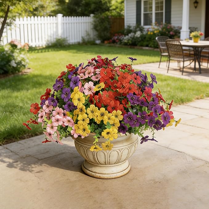 Senjie 12 Bundles Artificial Flowers Bulk for Outdoor Decor, UV Resistant Fake Plastic Flowers, Faux Flowers for Porch Patio Window Boxwood Garden