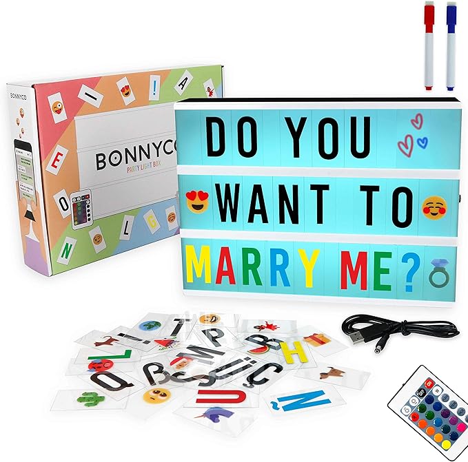 BONNYCO Cinema Light Box Color Changing with 400 Letters, Emojis, Remote Control and 2 Markers. Led Light Box 16 Colors Home, Office & Room Decor. Cinema Led Sign Letters Board, Gifts for Women Men