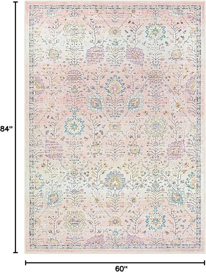 Lahome Pink Rug for Girls Bedroom 5x7, Soft Washable Floral Dorm Rug, Boho Non Slip Pastel Classroom Carpect for Dorm Room, Kids Room, Nursery and Playroom