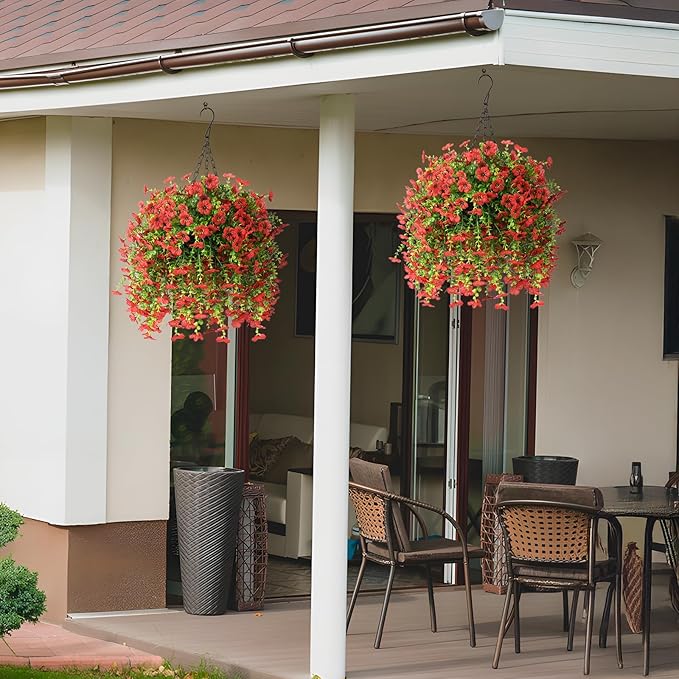 ZFProcess Artificial Hanging Flowers for Outdoors Spring Decoration, 2PCS Silk Fake Daisy Realistic Outdoor Flowers UV Resistant Porch Patio Window Yard Decor(Red)