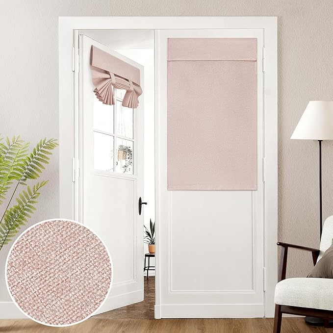 HOMEIDEAS 100% Linen Blackout French Door Curtains, Privacy Door Window Curtains, 26 X 40 Inch Room Darkening Blinds, Thermal Insulated Shades for Bedroom, 1 Panel, Blush Pink