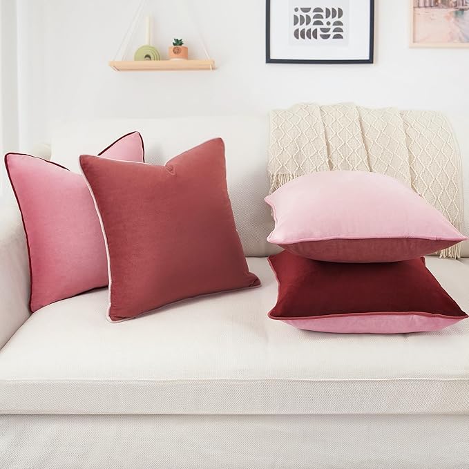 MONDAY MOOSE Decorative Throw Pillow Covers Cushion Cases, Set of 4 Soft Velvet Modern Double-Sided Designs, Mix and Match, Pillow Inserts Not Included (22x22 inch, Pink/Dark Pink)