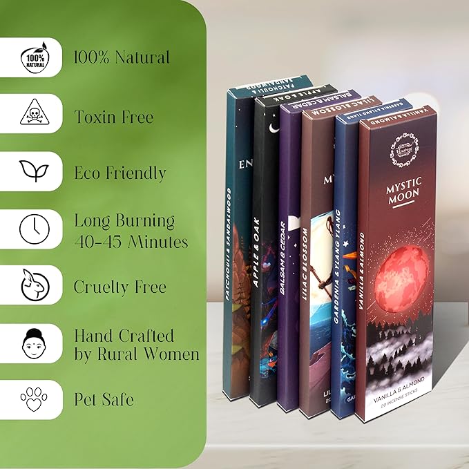 Raajsee Natural Incense Sticks with Inscent Holder, Pack of 6 Organic Insence-Sticks, 120 Incent Sticks, No Black Smoke,Witchy Gifts, Balsam & Cedar, Sandalwood, Apple Oak, Ylang Ylang, Vanilla