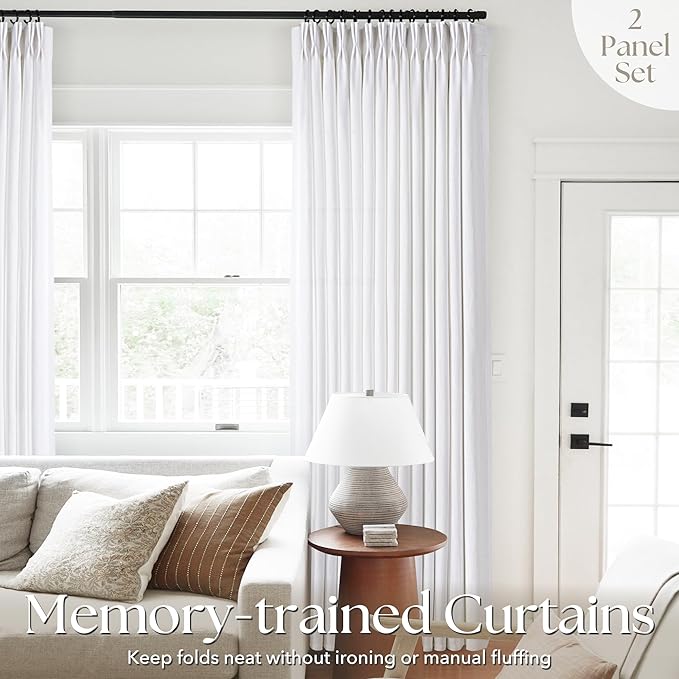 Pinch Pleated White Linen Curtains 86 inches Long for Living Room 2 Panels Light Filtering Semi Sheer White Pinch Pleat Curtain 86 Length Modern Coastal Decor Off White Cotton Textured Window Drapes