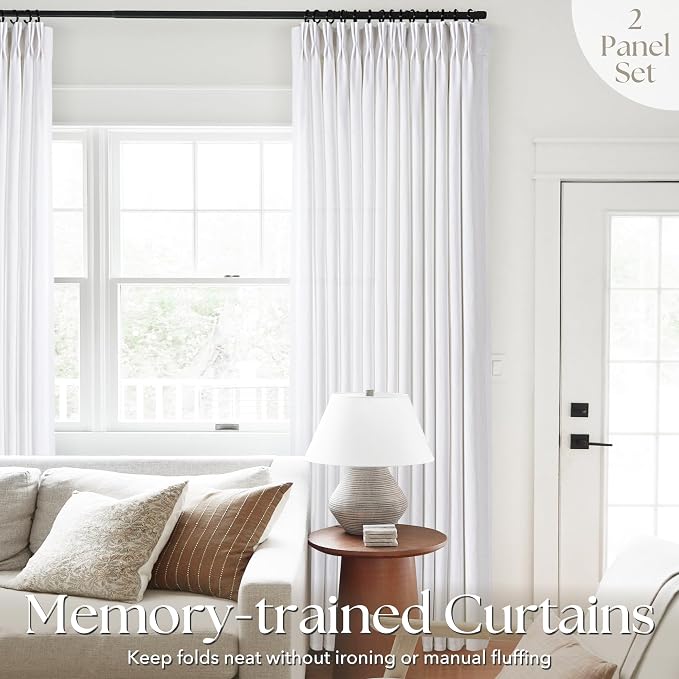 Pleated White Linen Curtains 96 inches Long for Living Room Light Filtering Semi Sheer White Curtains with Pinch Pleat Clips Modern Elegant Coastal Decor Floor to Ceiling Window Drapes 96 inch Length