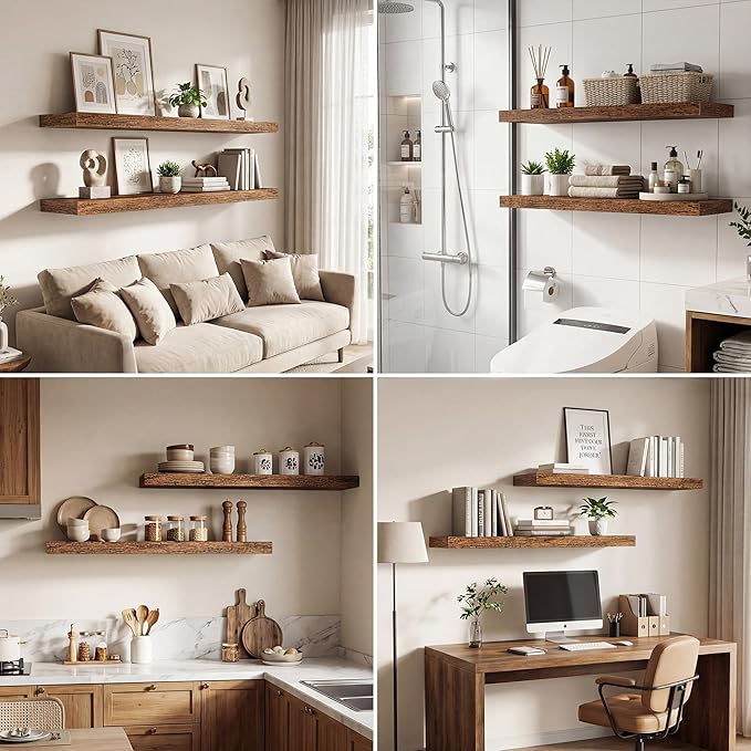 Dreamland 48 Inches Floating Shelves for Wall,9.3" Deep Long Floating Shelves Set of 1,Large Display & Storage Shelf,Wall Shelf for Bathroom Bedroom Living Room Kitchen Office,Rustic Brown