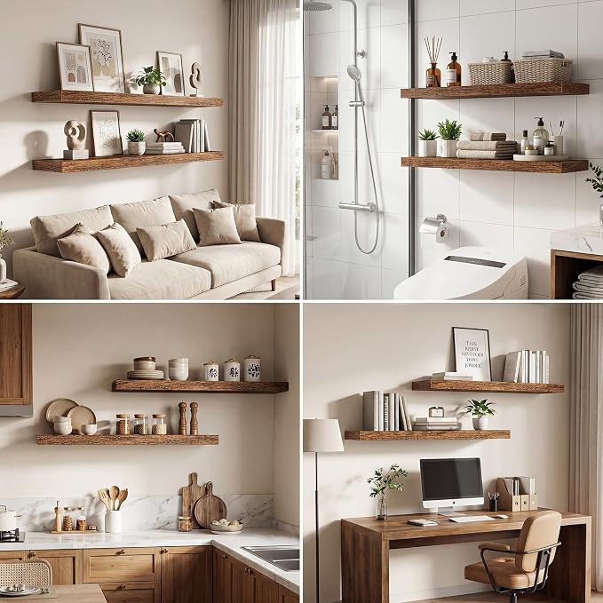 Dreamland 24 Inches Floating Shelves for Wall,9.3" Deep Long Floating Shelves Set of 2,Large Display & Storage Shelf,Wall Shelf for Bathroom Bedroom Living Room Kitchen Office,Rustic Brown
