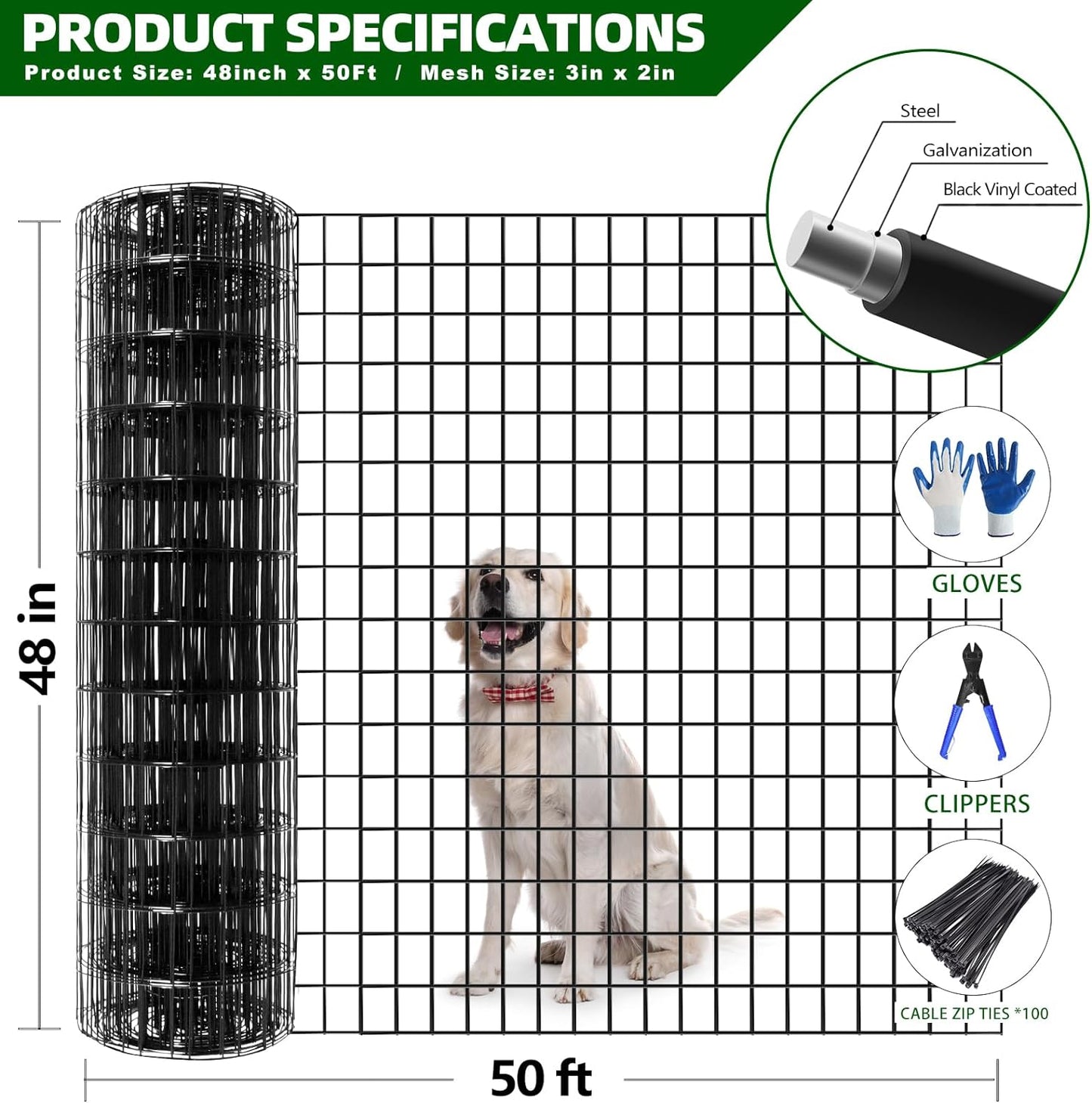 Welded Wire Fence, 50ft(L) x 48inch(H) Garden Fence for Dog, 2 Inch x 3 Inch 16GA Fencing for Chicken, PVC Coated Anti-Rust Roll Metal Wire Mesh Fence for Yard Vegetable, Black