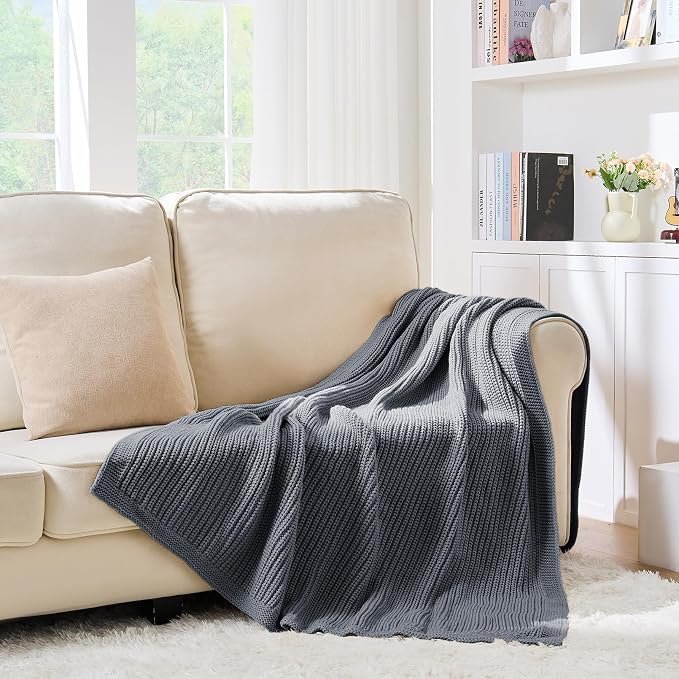 Chunky Knit Dusty Blue Throw Blanket for Couch Soft Cozy Lightweight Decorative Blanket for Couch Sofa Bed Living Room, Spring Throw 50"x60"