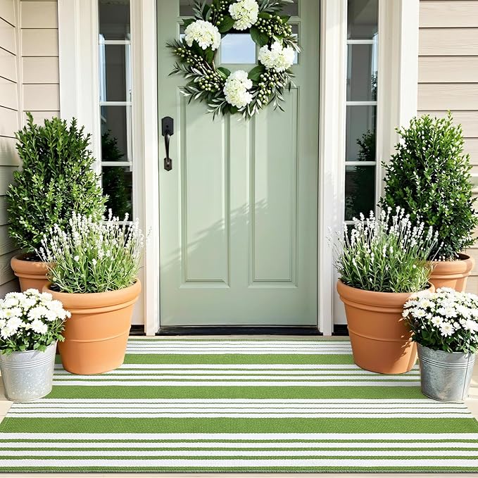 OLANLY Green and White Classic Striped Rug 2' x 4'3" (24" x 51") – Washable Cotton Indoor Outdoor Doormat for Front Door, Entryway, Kitchen, Porch, Patio Decor