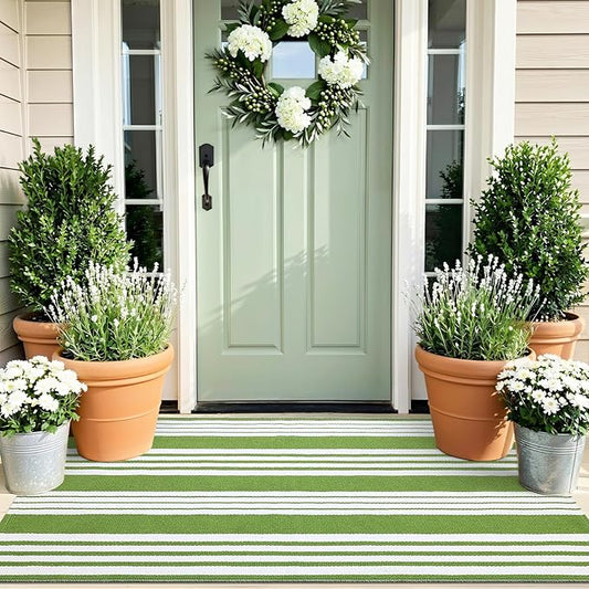 OLANLY Green and White Classic Striped Rug 2' x 4'3" (24" x 51") – Washable Cotton Indoor Outdoor Doormat for Front Door, Entryway, Kitchen, Porch, Patio Decor