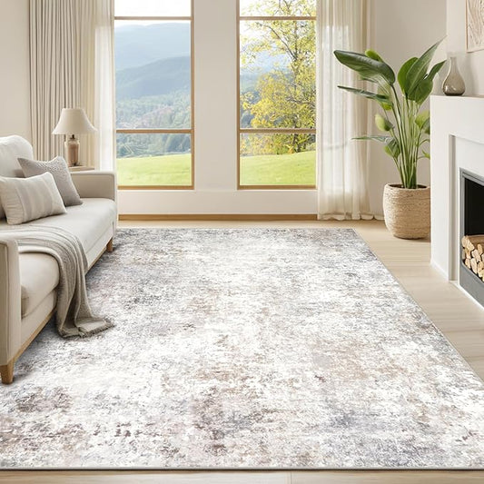 Srugn Washable Rugs 6x9 Area Rugs for Living Room,Modern Abstract Rugs for Bedroom,Large Carpets,Ultra Soft Faux Wool Retro Dining Room Rug,Non Slip&Non-Shedding Low Pile Print Rug- Beige Grey