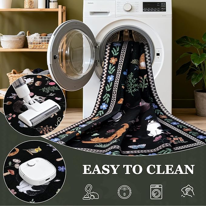 5x7 Area Rugs Living Room Rug: Vintage Washable Rug Floral Soft Carpet Indoor Floor Non-Slip Boho Stain Resistant Large Carpets for Bedroom Kids Nursery Dining Room Farmhouse Home Office Black/C01