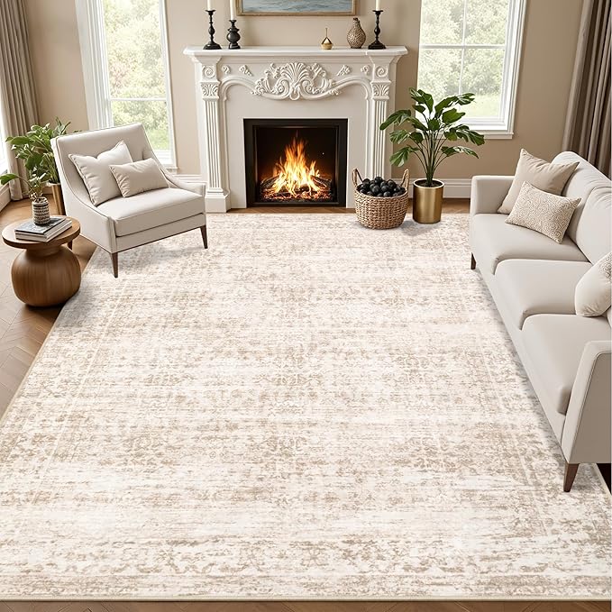 Area Rugs 10x12 Living Room Rug: Washable Rug Soft Vintage Boho Carpet Indoor Floor Non-Slip Stain Resistant Large Carpets for Bedroom Dining Room Farmhouse Nursery Home Office Beige