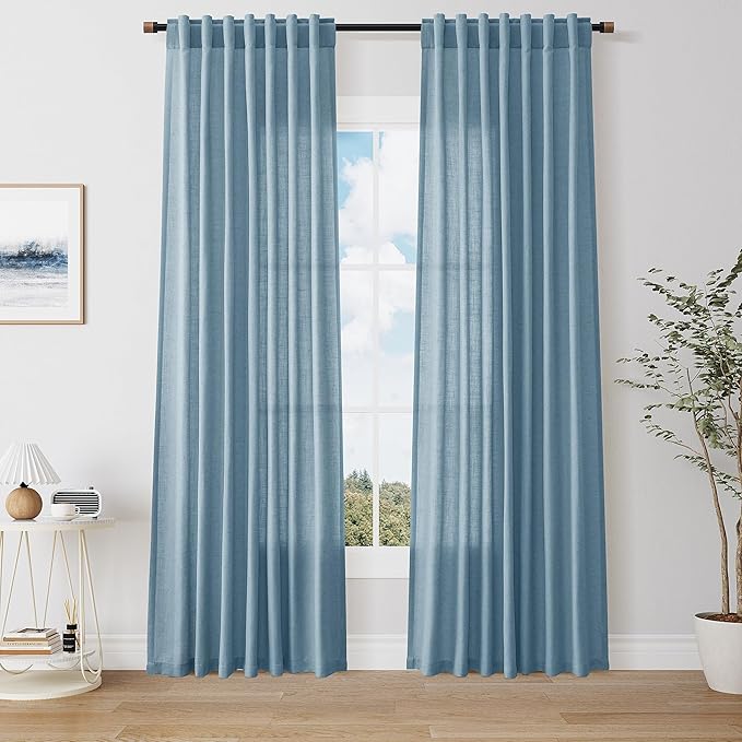 Nanspring Blue Linen Curtains 84 Inches Long for Living Room Bedroom Back Tab Semi Sheer Curtain 84 Inch Length 2 Panels Set Light Filtering Farmhouse Soft Lightweight Drapes Blue W50 x L84