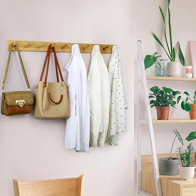 WEBI Coat Rack Wall Mounted,10 Hooks,38" Long Coat Hanger Wall Mount,Peg Rail Hat Hooks for Hanging Caps,Jacket,Clothes,Coats,Natural