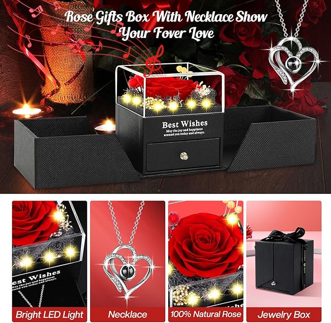 Pasuvsigt Mothers Day Mom Birthday Gifts for Women, Preserved Real Rose with I Love You Heart 100-Language Necklace, LED Lights & Music Box, Anniversary for Women Girlfriend Mom