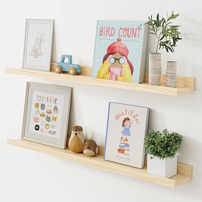 Floating Shelves for Wall, 36 inch Solid Wood Picture Ledge Shelf, Picture Shelf for Wall with Ledge, Floating Book Shelves for living room Bedroom Kitchen Nursery Decor, Natural Unfinished, Set of 2
