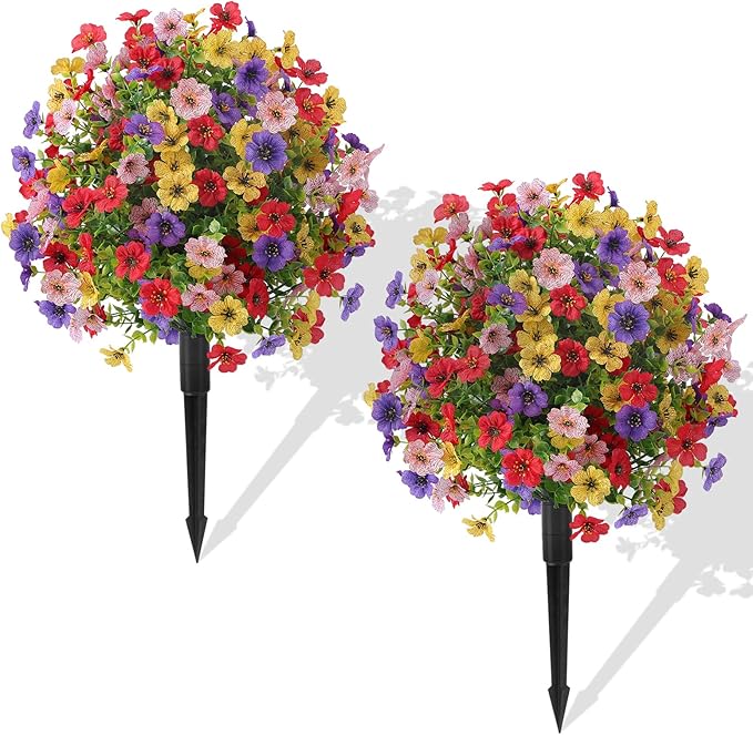 Alupssuc 2Pcs 20" Artificial Topiary Ball Flowers, Spring Outdoor Decoration with Spike, UV Resistant Faux Summer Plants, Faux Bushes Plants, Red Deep Purple Yellow Pink for Garden, Porch Decor