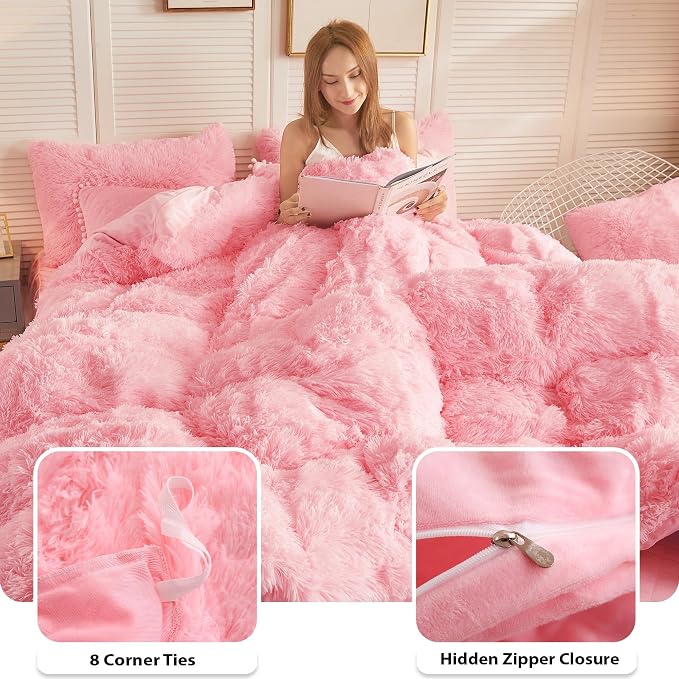 LIFEREVO Luxury Plush Shaggy Duvet Cover Set, Soft Velvet Fluffy Furry Duvet Cover Set(1 Faux Fur Fuzzy Comforter Cover + 1 Pom-poms Pillow Sham) Solid Bedding Set, Zipper Closure(Twin/Twin XL,Pink)