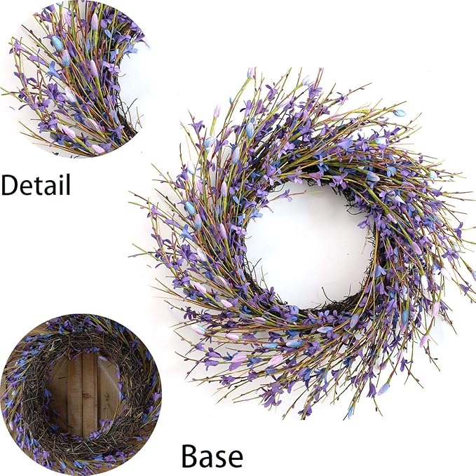 Bibelot 18inch Artificial Forsythia Flower Wreath, All Year Around Wreath for Front Door, Wedding Window Home Wall Indoor Front Door Decor (Purple, 18in)