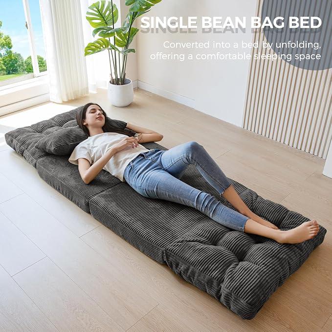 MAXYOYO Folding Sofa Bed, Tufted Bean Bag Bed with Pillows Floor Couch for Adults, Extra Thick and Long Floor Sofa, Single Couch for Bedroom Living Room, Dark Grey, 30x91 Inch
