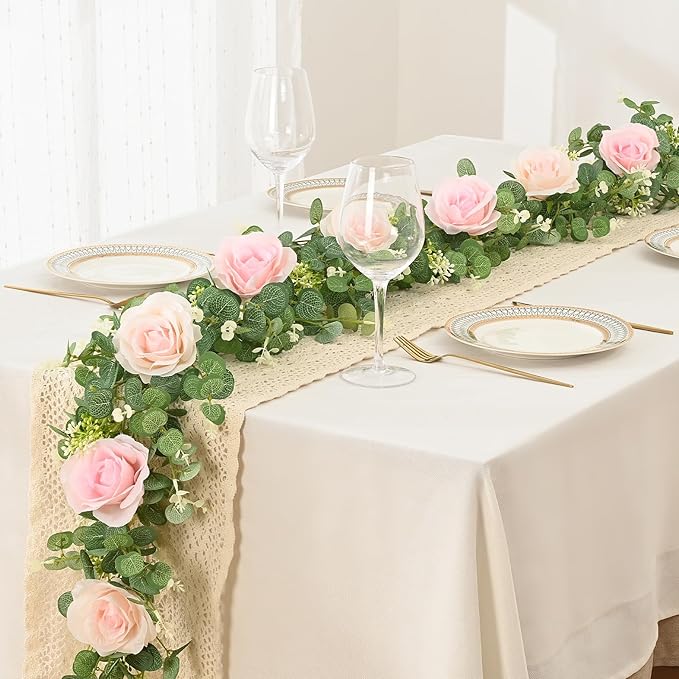 Dolicer 4Pcs 26 Ft Artificial Eucalyptus Garlands with Flowers - 8 Roses, Faux Floral Greenery Garlands Fake Flowers Vines for Wedding Table Centerpieces Arch Party Ceremony Backdrop Decor (Pink)